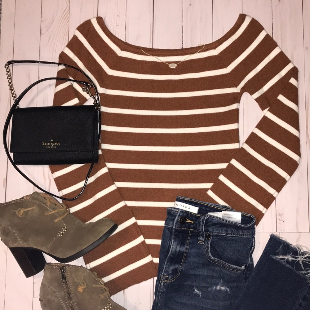 Brown and White Stripe Off-The-Shoulder Top